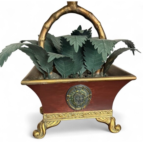 Vintage Tole Style Lamp Cache Pot Base Metal Leaf Plant With Beaded Shade 22.5" - Picture 5 of 7